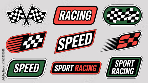A collection of racing themed stickers and badges are displayed featuring checkered flags speed indicators and text labels high quality professional detailed modern elegant stylish clean