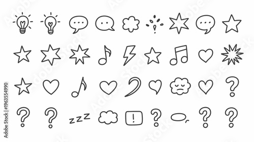 A collection of simple black and white line icons depicting ideas communication weather and various abstract symbols high quality professional detailed modern elegant stylish clean crisp