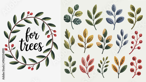 A watercolor illustration features a wreath of leaves and berries alongside individual leaf designs accompanied by handwritten text high quality professional detailed modern elegant stylish clean