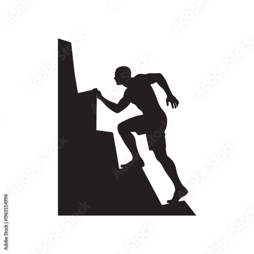 Silhouette of a man running up a steep staircase with a determined expression and athletic build Keywords: man, running