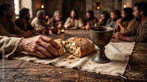 Man reaching for bread on table during historical gathering scene  