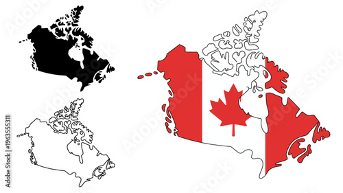 A graphic displays different representations of canada including its outline a black silhouette and a version incorporating the national flag high quality professional detailed modern elegant
