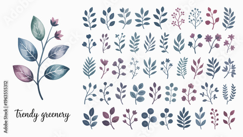 A collection of watercolor leaves and floral elements in shades of green blue and burgundy arranged in a grid pattern high quality professional detailed modern elegant