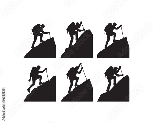 Silhouettes of hikers ascending steep rocky mountain slopes using trekking poles against a white background illustrating