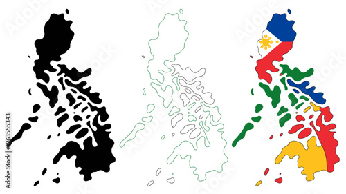 Three depictions of the philippines are shown a solid black silhouette a white outline and a colored map high quality professional detailed modern elegant stylish clean