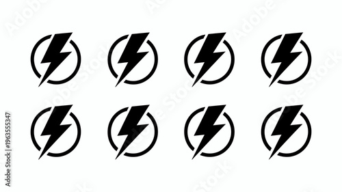 This image showcases eight black lightning bolt icons each enclosed within a circular frame arranged in a grid pattern on a white background high quality professional