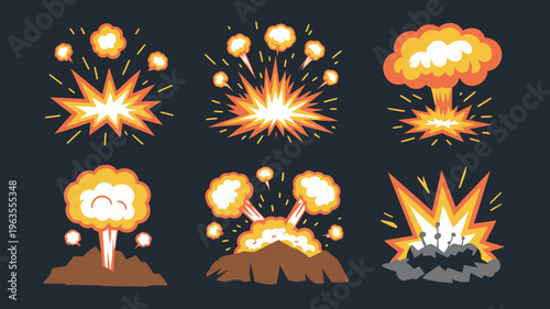 This image displays a collection of cartoon style explosion effects varying in size and shape depicted against a dark background high quality professional detailed modern elegant