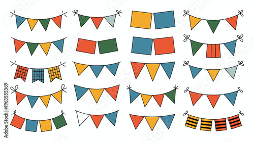 An array of colorful bunting flags are displayed arranged in rows showcasing various patterns and color combinations for festive occasions high quality professional detailed modern elegant