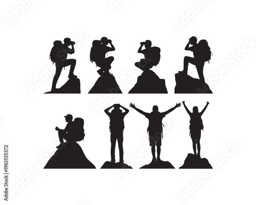 Silhouettes of Hikers on Mountain Peaks Displaying Various Poses of Observation and Celebration on a White Background