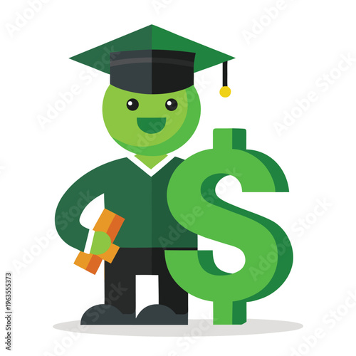 Education Tuition Costs Concept with Dollar Sign Graduate Hat Diploma Vector Illustration Cartoon Clipart Line Art Design
