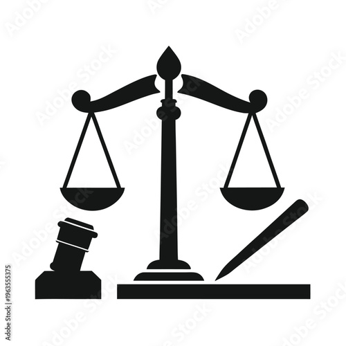 Justice Scales and Gavel Black Silhouette Vector Illustration – Legal Symbols Clipart, Court Law Icon, Printable Line Art Design