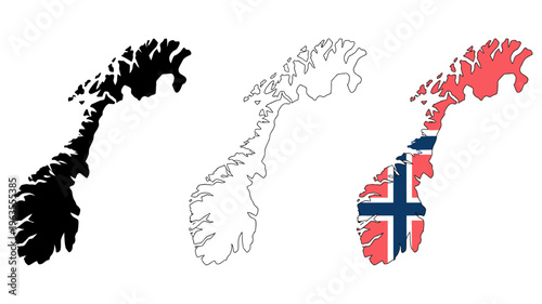 Three depictions of norway s landmass are shown a solid black silhouette a white outline and a colored map with the norwegian flag high quality professional