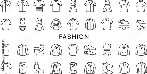 Fashion icons collection with clothing line art, shirts, dresses, jackets, shoes, socks, skirts, underwear, stylish apparel illustration