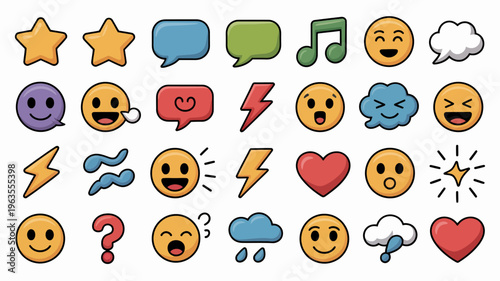 A colorful assortment of doodle style icons and emoticons are displayed including stars speech bubbles music notes and various expressive faces high quality professional detailed modern