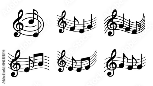 A collection of black musical notes and symbols are arranged in a grid like pattern on a plain white background high quality professional detailed modern elegant