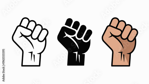 Three variations of a raised fist illustration are depicted showcasing different skin tones and styles line art solid black and shaded brown high quality professional detailed