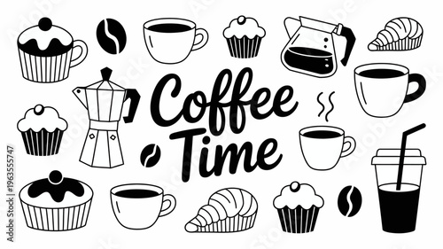 A black and white illustration showcases various coffee related items including cups pots pastries and the text coffee time high quality professional detailed modern elegant stylish