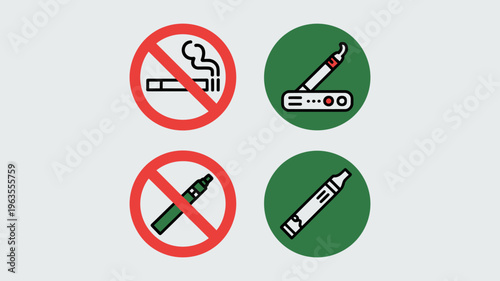 This image displays four icons relating to smoking and vaping illustrating permitted and prohibited usage in a public space high quality professional detailed modern elegant stylish