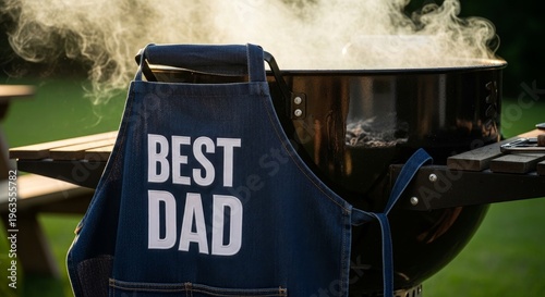 Blue apron with best dad text on a barbecue grill outdoors