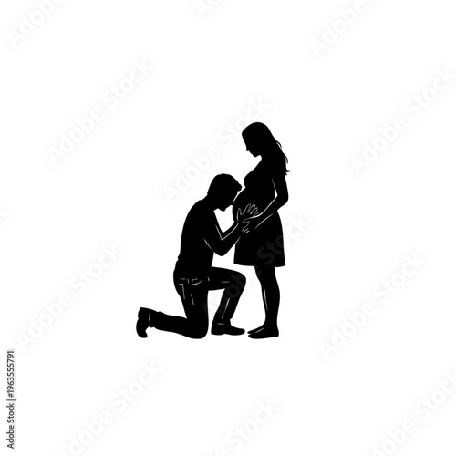 expectant couple silhouette, man kneeling and touching pregnant woman's belly