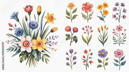 A vibrant watercolor illustration showcases a diverse collection of blooming flowers including tulips daffodils and roses arranged in bouquets high quality professional detailed modern elegant stylish