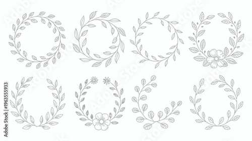 A collection of hand drawn floral wreaths and botanical elements are displayed in black and white offering versatile designs for various projects high quality professional detailed
