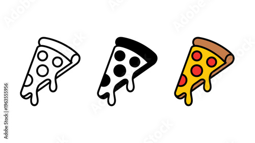 Three variations of a pizza slice are shown an outline a black and white version and a colored depiction with cheese and sauce high quality professional