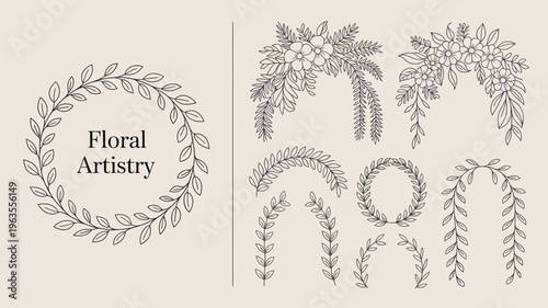 A collection of delicate hand drawn floral wreaths and sprigs are displayed on a neutral background illustrating botanical artistry high quality professional detailed modern elegant stylish