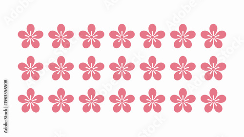 A grid of sixteen stylized five petal flowers in a uniform pink hue are arranged against a clean bright white background high quality professional detailed modern