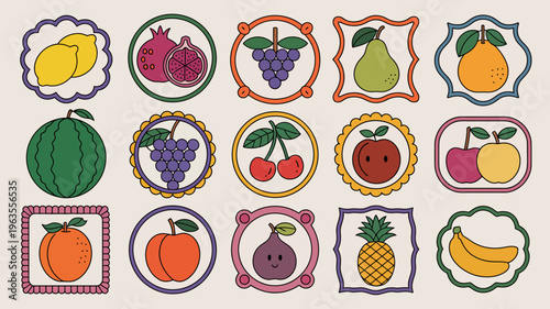 A colorful illustrative pattern showcases various fruits like lemons pomegranates grapes pears and apples each framed within uniquely shaped borders high quality professional detailed modern elegant