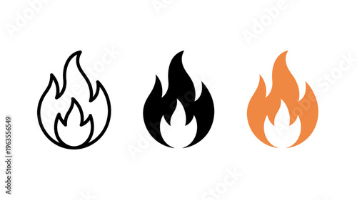 Three depictions of a flame are shown progressing from a line drawing to a solid black silhouette to a full color orange and yellow image