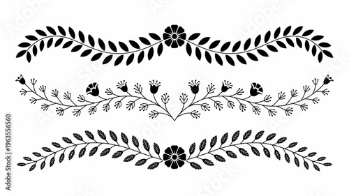 A collection of three black floral and leaf ornaments arranged horizontally providing decorative borders or dividers high quality professional detailed modern elegant stylish clean crisp vibrant