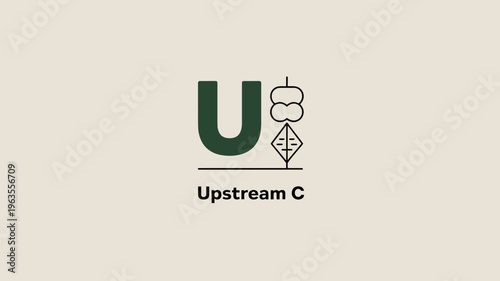 A minimalist graphic features a dark green letter u alongside geometric shapes and the text upstream c below high quality professional detailed modern elegant stylish clean