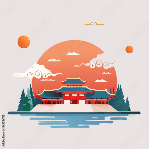 Traditional chinese temple building on lake island with forest, sunset, and clouds vector.chinese background, vector art