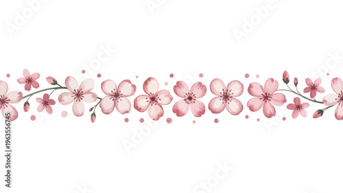 A delicate watercolor floral garland of pink cherry blossoms and budding branches stretches across a clean white background high quality professional detailed modern elegant stylish crisp