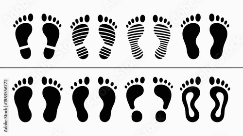 A collection of black footprints are displayed in a repeating pattern across a white background showcasing various sole designs high quality professional detailed modern elegant stylish