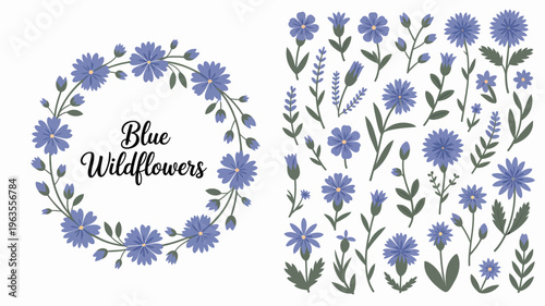 A decorative illustration showcases a wreath of blue wildflowers alongside scattered blooms and leafy stems creating a floral design high quality professional detailed modern elegant stylish