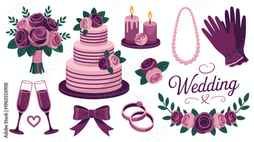 A collection of wedding related items is displayed including cakes roses jewelry and champagne glasses in shades of purple high quality professional detailed modern elegant stylish