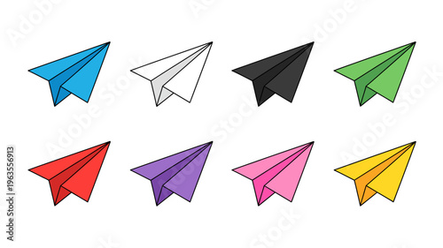 A colorful arrangement showcases eight paper airplanes each distinctly hued with shades of blue white black green red purple pink and yellow high quality professional detailed