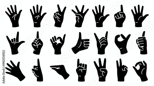 A collection of twenty two black silhouette hand gestures is displayed against a white background showcasing diverse signs and expressions high quality professional detailed modern elegant