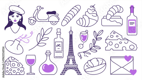 A collection of hand drawn purple line art illustrations representing iconic french elements like food landmarks and romantic symbols high quality professional detailed modern elegant stylish