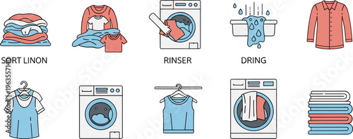 Laundry Process and Clothing Care Icon Set Featuring Sorting Washing Rinsing Drying and Folding Flat Vector Illustration Isolated on White Background