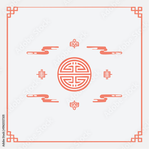 Symmetric longevity medallion with stylized clouds and ornamental asian decorative elements.chinese background