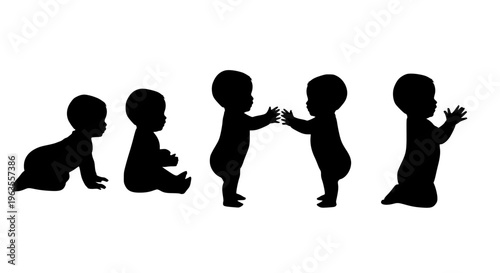 Baby Silhouette Set with Crawling Sitting and Standing Infant Poses Vector