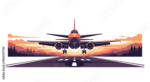 Commercial passenger airplane landing on runway at sunset.