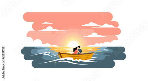 Couple embracing in a small boat on the water at sunset.