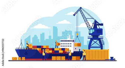 Cargo ship being loaded with containers by crane and workers.