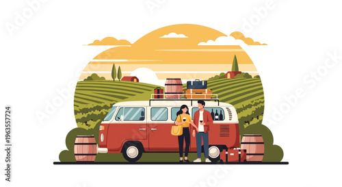 Couple with vintage camper van ready for a road trip adventure.
