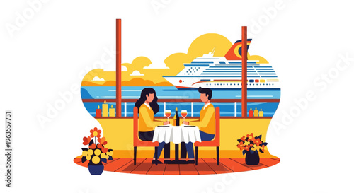 Couple enjoying a romantic dinner on a cruise ship deck.