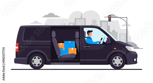 Delivery van with driver and packages.